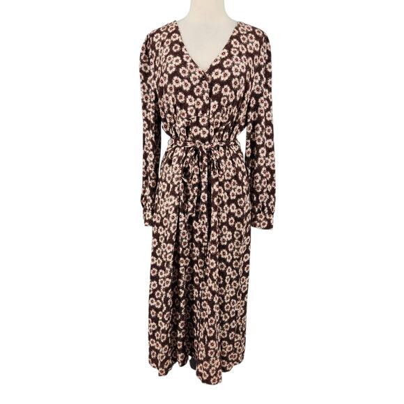 Isabella Oliver Floral Dress – Brown Long Sleeve Midi Tie Waist Maternity - Picture 2 of 10